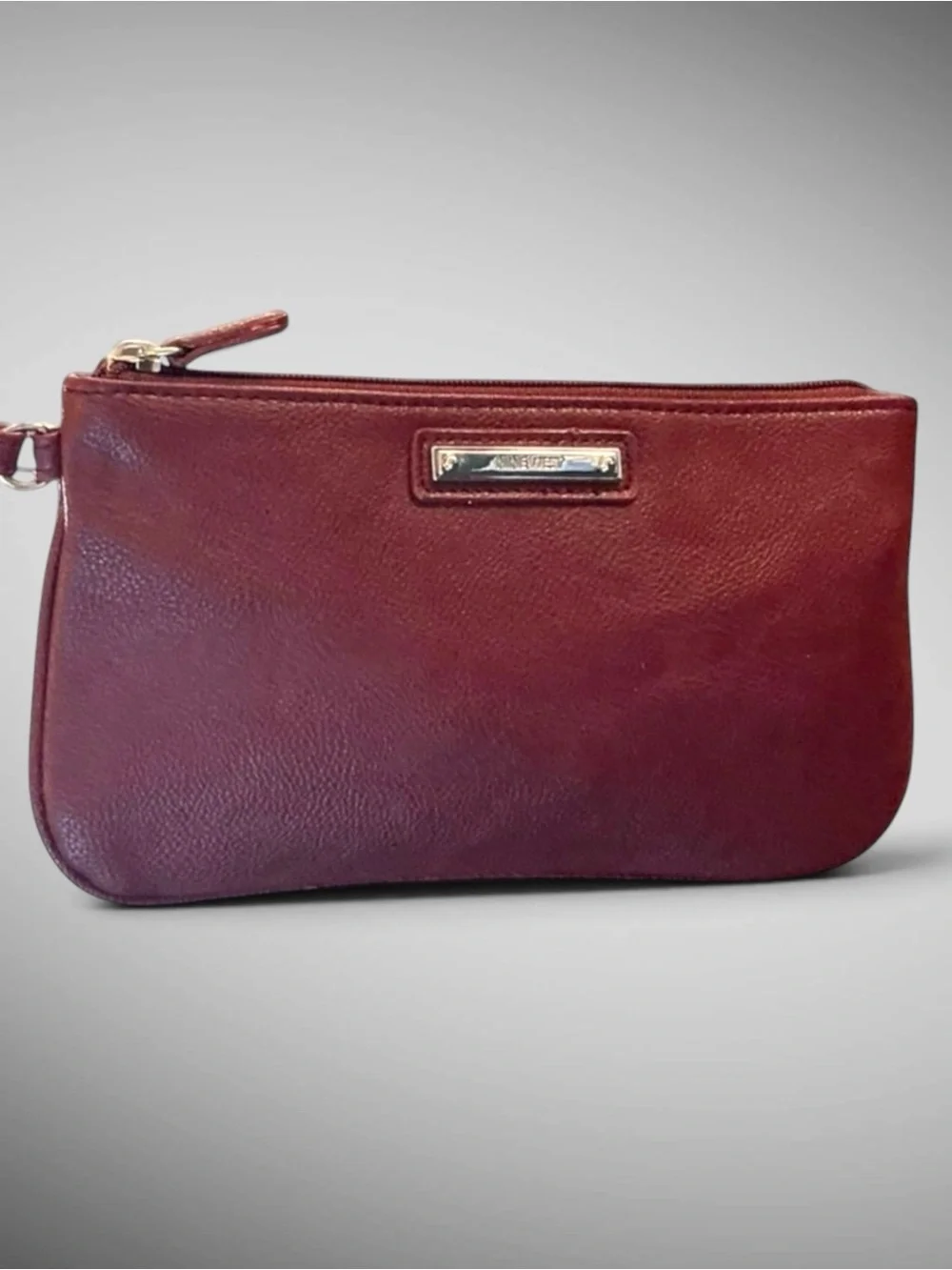 Nine West Brown Faux Leather Zip Wristlet Clutch Wallet Pouch 9.5”